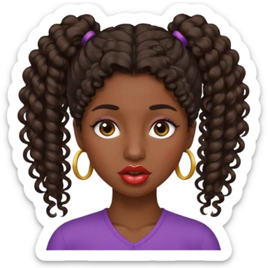 emoji sucking its lips in with one eyebrow up and the other one down dark skin and curly hair in one ponytail with eyelashes up to her hair sticker