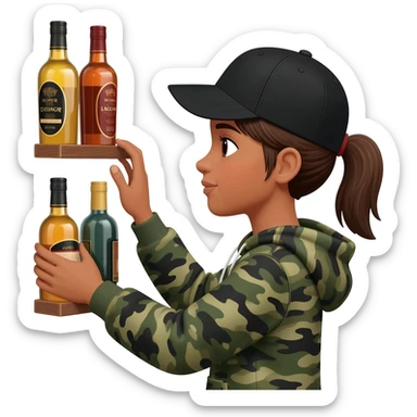 A tan skin girl with short hair tied back in a pony tail wearing a bblack aseball hat and a camo hoodie holding liquor bottles and putting them on a rack sticker