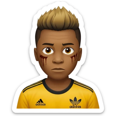 Crie um emoji de um menino com o cabelo castanho claro com uma franja reta e o corte low fade zumbi casaco de gola alta da adidas sticker