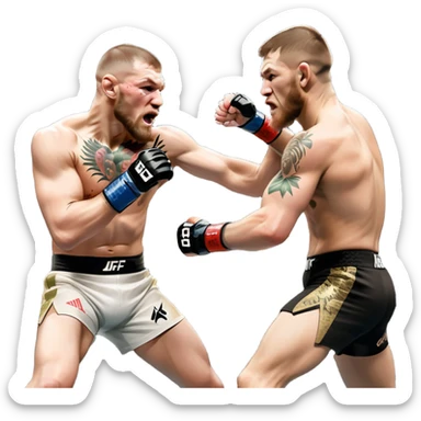 Iconic MMA match between Conor McGregor and Khabib Nurmagomedov in the octagon. McGregor throws a powerful punch while Khabib counters with a takedown attempt. The crowd roars in the background as the fighters showcase their intense rivalry. Transparent background captures the high-stakes fight sticker