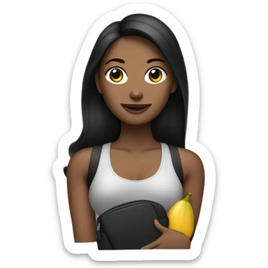 a woman with black long hair wearing a workout set and having a designer purse on her hand  sticker