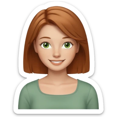 emoji of a woman named Freya McOmish, smiling, green eyes, light brown hair, subtle freckles, modern casual style, wearing a square neck top sticker