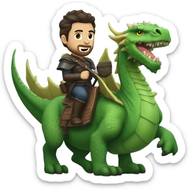 Determined armored White Man with dark brown pompadour hair and a short beard riding on the back of a giant green dragon sticker