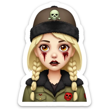 faça um emoji COM UMA GAROTA de cabelos castanhos escuros, branca, com sobrancelhas loiras, olhos pretos, com uma ushanka na cabeça e estilo zumbi sticker