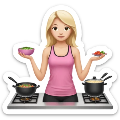 Render from knees up, view from the back, fair skinned woman, thin, long blond hair, cooking dinner in kitchen, pink loose tank top, showing natural B cup breast shape SFW, black yoga pants, perfect booty sticker