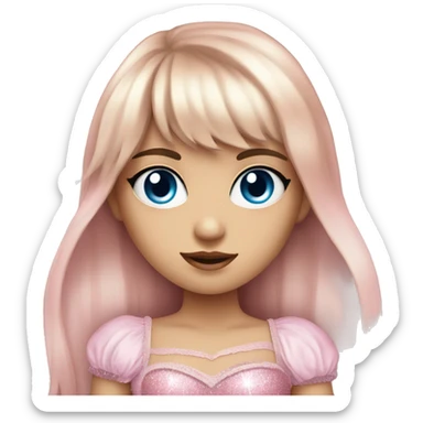 A girl with long hair and fringe bangs who has blue eyes wearing a pink corset with a sparkly cut out in the middle sticker