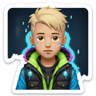 Cyberpunk street kid, male, messy undercut, puffer vest over hoodie, glowing earpiece, light stubble, brown eyes, neon reflections, raindrops, dark background. sticker