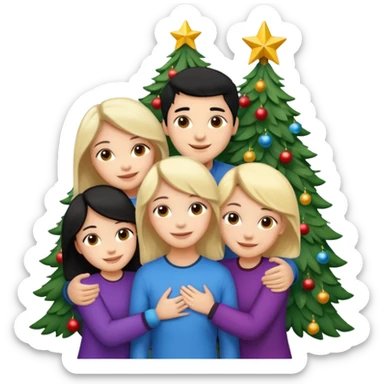 Generate Christmas-style emojis  family. Where light-skinned people stand near the tree all together, hugging and smiling.  girl should be Light-haired woman, woman, black-haired woman, and 1 man . Add 4 people: Mother, Sister, Sister, Brother  sticker
