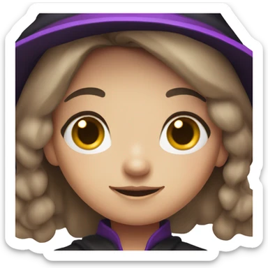 a young white thin girl with straight brown hair and dark eyes dressed as a witch with purple hat sticker