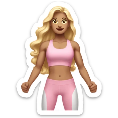 White woman, pale woman, long hair, blonde hair, wavy hair, baby pink sports bra, baby pink leggings, flexing right arm sticker
