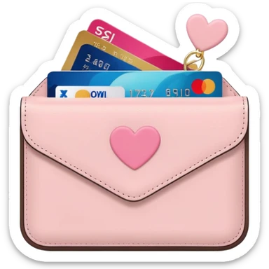 Pale Pink cute Wallet with heart charm, credit cards inside and flowers growing from it, clean aesthetic sticker