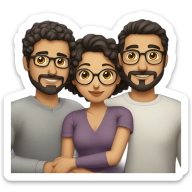 A beautiful Middle Eastern girl with short black curly hair, wearing round glasses, hugging a Middle Eastern man with medium-length hair, a goatee, and light mustaches sticker