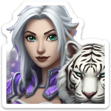warcraft night elf hunter female next to white tiger sticker