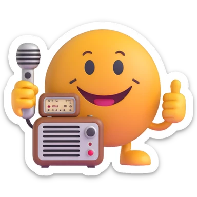 3D smiley emoji, round shape, grandfather with an old radio, brown color, smiling face sticker