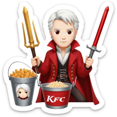 Dante from Devil May Cry sitting in a KFC bucket, red coat, white hair, rebellion sword sticker