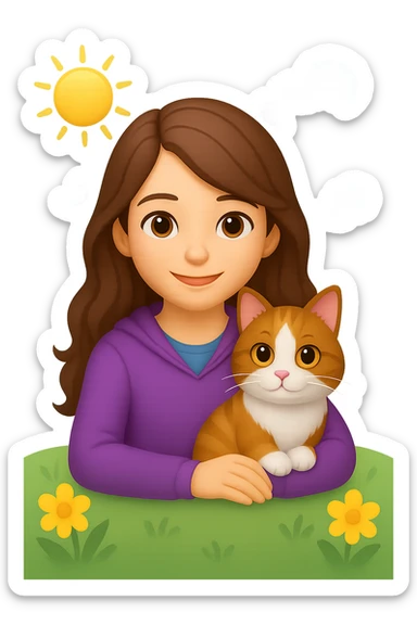 Add a simple, cheerful background to the scene with a girl with long, wavy brown hair, brown eyes, purple clothes, sitting with a three-color cat, in emoji style. sticker
