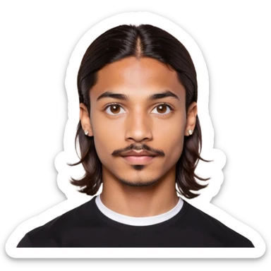 Young man with medium brown skin, mixed-race ethnicity, long wavy dark brown hair with an extremely precise center part exactly aligned with the middle of the face, hair parted perfectly symmetrically on both sides, mustache separated from goatee, medium brown eyes, small diamond stud earrings, floating head only with absolutely no shoulders or neck visible sticker