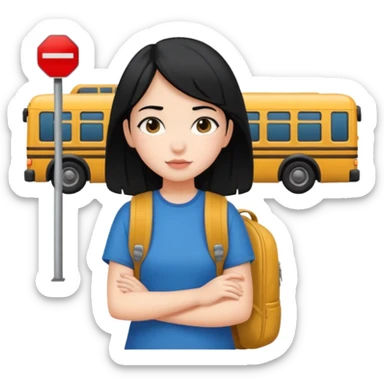 girl with black hair leaving home waiting for bus sticker