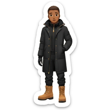 Handsome Black grown man with brown skin tone, wearing black joggers, a black weather coat, and buckwheat timberland boots, and black gloves sticker