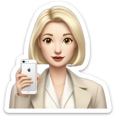 pale skin woman with ash blonde Straightened bob Hair, White Spacious classical jacket, beige palazzo Arrow pants and gray blouse holding white IPhone 15 pro in the hands sticker
