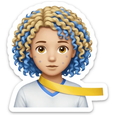 Make me an emoji that has a guy with a white shirt and yellow tape around the shirt with brown and blue spots hair make the hair curly make the yellow tape go around it sticker
