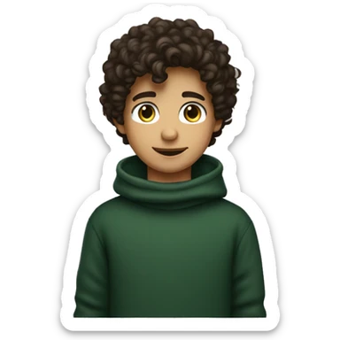 winter, christmas, young boy, short curly brown hair, brown eyes, hispanic, dark green sweater, full body sticker