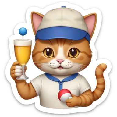 cat with a backwards cap, holding a ping pong ball and cup, beer pong college party sticker