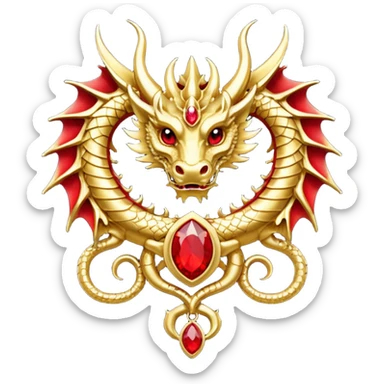 Golden dragon crest / brosch in a circle with red gems and no background sticker