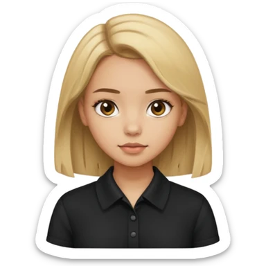 Light skinned girl with dirty blonde hair and deep brown eyes and a black square collared shirt sticker