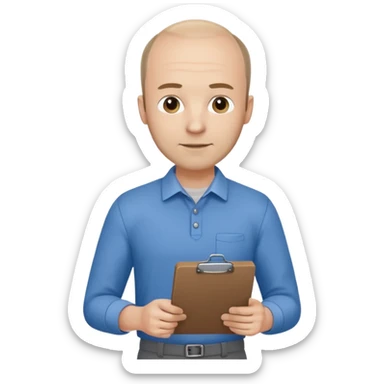 man mid 30's shirt and trousers balding hairline standing holding a clipboard sticker