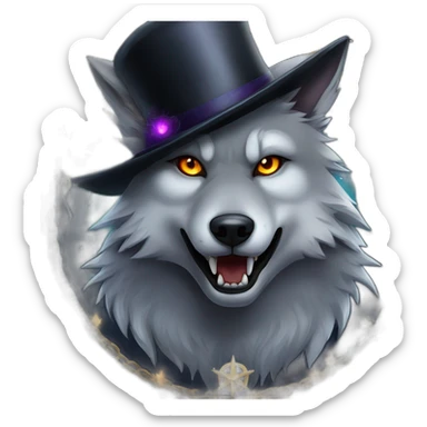 demonic wolf with a pentagram top hat and a pentagram chain with a haunting night background sticker