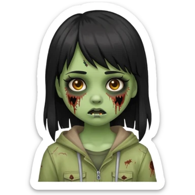 Girl with black hair and raccoon blonde streaks, bangs, light skin, zombie version, pale green skin, emoji style. sticker