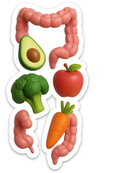 emoji stile iphone in 3d di cibo sano che fluttua in aria vericalmente insieme a pezzi di colon umano anatomico, iperrealistico 4k sticker