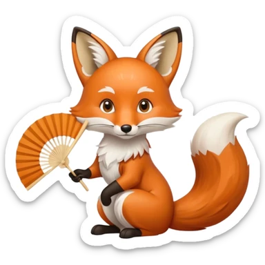 A fox holding a folding fan elegantly, tail curled with graceful calm. sticker