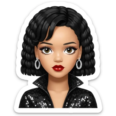 Rihanna with jet black hair, black sequin outfit sticker