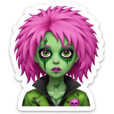 girl, green zombie,pink afro, long, emo, shaggy, dark, spooky,creepy expression sticker