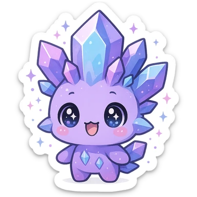 kawaii chibi style crystal sprite creature in purple, blue, and pink with a happy expression and sparkling eyes sticker