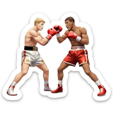 Two professional boxers in the ring fighting for the world championship title. One delivers a powerful straight punch to the head, while the other skillfully dodges. The background shows a brightly lit boxing arena with a roaring crowd. Transparent background sticker