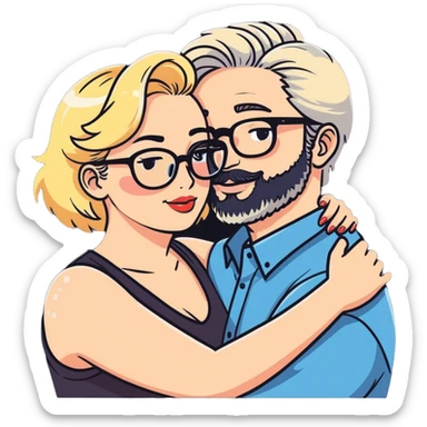 Hyper realistic couple in love, man had a salt and pepper hair and a short stubbly beard and no glasses. The lady is blonde and curvy and wears glasses and makeup sticker