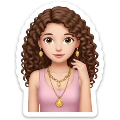 crée moi une jeune fille très belle avec les cheveux bouclés long brune avec un top  sans manche de couleur rose clair avec un peu de maquillage un collier en or sticker