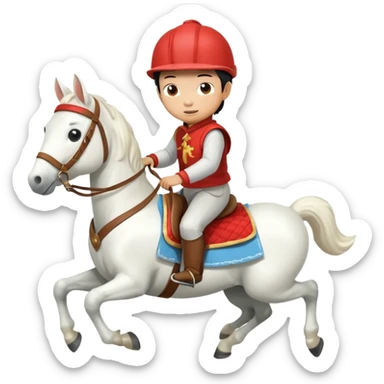“A Chinese little boy is riding a cute white small horse, and the horse is running. The blanket on the saddle says ‘2026.’” sticker