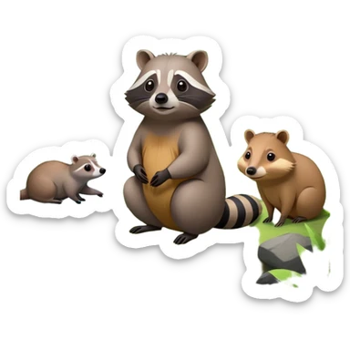 Collage of a raccoon and capybara in a lush, vibrant forest. The raccoon curiously looks around, while the capybara rests peacefully near a stream. The forest is full of green trees, leaves, and soft sunlight. A serene and natural background. sticker