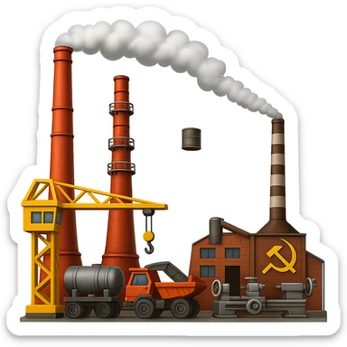 Add more visible machinery and equipment to the Soviet heavy equipment plant in emoji style, with no background. sticker