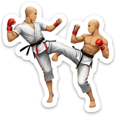An emblem-style design featuring crossed martial arts weapons like a fist and foot, symbolizing striking combat sports. The background includes a silhouette of a fighter in an action pose, with dynamic lines and bold colors, showcasing speed and power. Transparent background. sticker