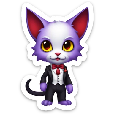 Cute-Evil-Vampiric-Batty-Cat-Black-Purple-Red-Yellow-Contrast-Colors-Fantasy-Fur-Sona-Chibi-Shiny-Fakémon-Hybrid with horns and big fangs neck bow white tie leg spats full body sticker