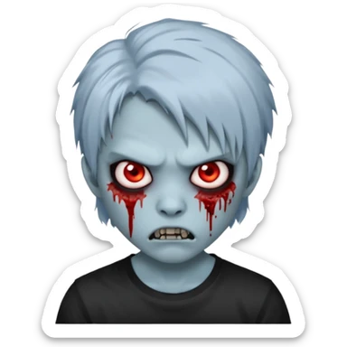  3D emoji-style avatar with very pale blue-grey zombie skin , a young Asian face, and large eyes with blood tears. Give it white litle bit messy mullet hair style , silver hoop earrings, and a plain black T-shirt. The face expression should be slightly angry, with vampire fang sticker