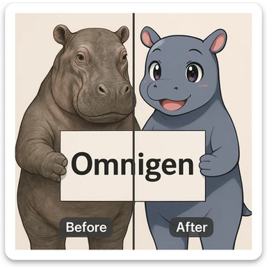 two hippo holding sign of omnigen, half picture 1 hippo is realistic another half is the anime of that same second hippo, with before after mark sticker