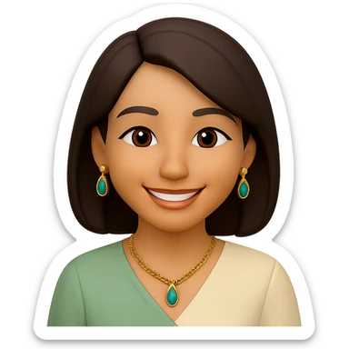 Change the hairstyle of the young woman to a short bob. Keep her smiling with dark brown hair, brown eyes, nose piercing, wearing a green and cream blouse and a gold necklace. Convey happiness and relaxation. Remove any background, make it transparent. sticker