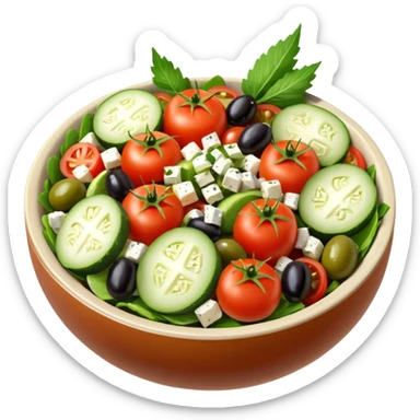 mediterranean salad bowl object icon, tomatoes, cucumbers, olives, feta cheese, olive oil dressing, 3D cartoon, mobile game icon style, clean background, no text, no watermark
 sticker