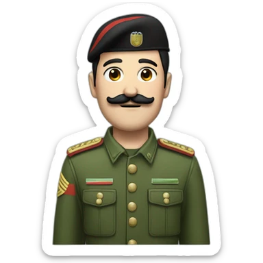 German man with black hair and a black square mustache, green army jacket with red stripes, green army cap sticker